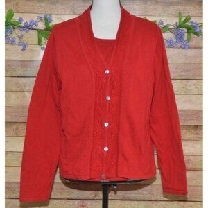 Karen Scott Ladies L Red Twin Set Button Up Cardigan Sweater & Faux Cami Holiday